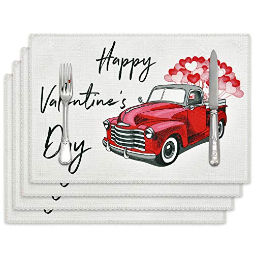 ASPMIZ Valentines Day Placemats Set of 4 Red Truck Car Placemats Heart Balloon HeatResistant Table Mats for Valentines Wedding Dining Table Decoration 12 x 18 Inch