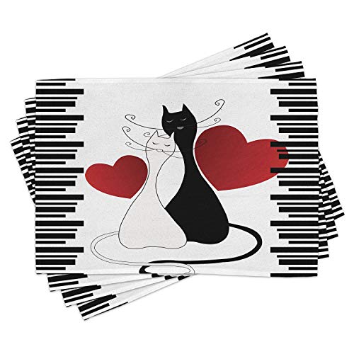 Ambesonne Cats Place Mats Set of 4 Romantic Kittens Pets Couple 2 Tails Hearts and Black Stripes Animals in Love Washable Fabric Placemats for Dining Table Standard Size Black and White