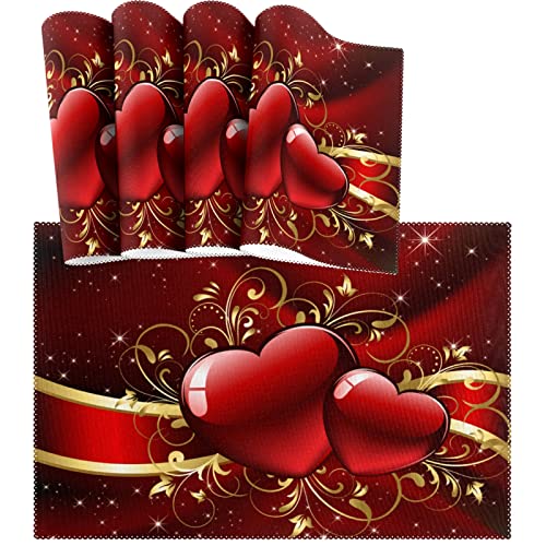 Gorgeous Valentines Day with Red Hearts HeatResistant Table Placemats Set of 4 AntiSkid Table Mats Washable Eat Mat Home Dinner Decorative