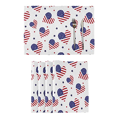 Independence Day Placemats Set of 6 American Flag with Hearts Table Mats for Dining Tables Burlap Double Sided July Fourth Decoration