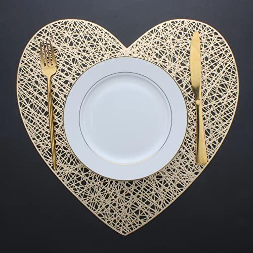 Kyutong Gold Placemats Set of 6 Pressed Vinyl Metallic Place Mats for Dining Table Hollow Out Heart Shaped Table Mats for Wedding Valentines Party