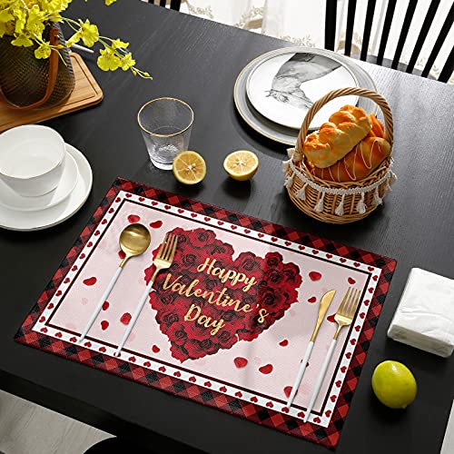 Placemats set of 4 for Dining Table Happy Valentines Day Rose Love Heart Red and Black Buffalo Plaid Place Mats Indoor Nonslip Table Mats Washable Placemat Kithen Placemats for Party 13x19in
