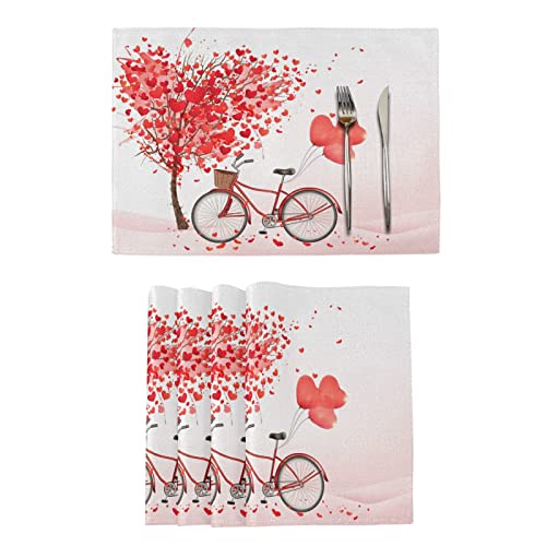 Red Love Heart Bicycle Valentines Day Placemats Set of 6 Washable NonSlip Burlap Table Mats Heat Resistant Place Mats for Home Kitchen Dining Party 12 X 18 in