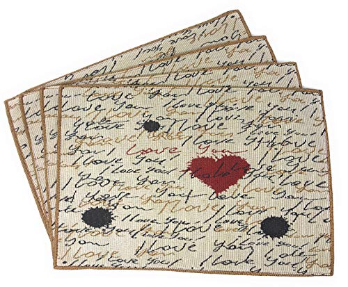 Tache Romantic Cursive Handwritten Love Letter Valentine Hearts Beige Placemat  Vintage Farmhouse Woven Tapestry Kitchen Dining Dinner Table Linen Napery Place Mat  Set of 4