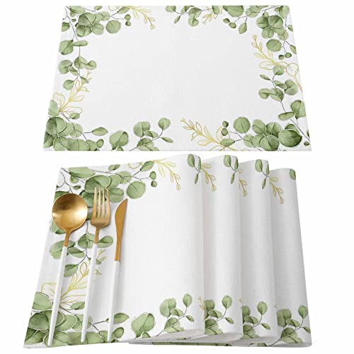 Eucalyptus Leaves Placemats Set of 6 Seasonal Spring Summer Green Plants Placemats for Dining Table Cotton and Linen Table Mats Watercolor Place Mats for Festival Parties Family Dinner (13 x 19inch)