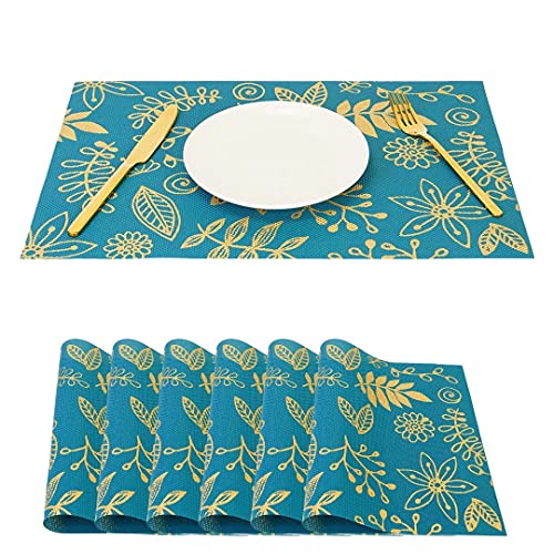 Peacock Green Placemats Set of 6 Heat Resistant Waterproof PVC Place mats Washable Table Mats with Wisteria Gold Print for Home Decoration Protecting Dining Table from Heat and Liquid 12x18