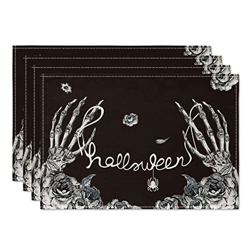 Artoid Mode Skeleton Hand Halloween Placemats Set of 4 12x18 Inch Fall Floral Spider Table Mats for Party Kitchen Dining Decoration
