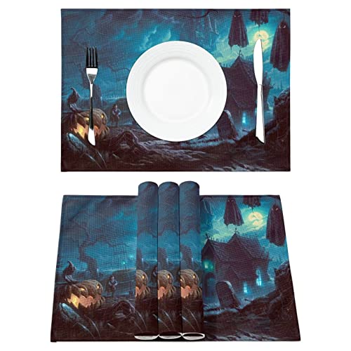 Halloween House Placemat Set of 4 Haunted House Pumpkins Farmhouse Place Mats NonSlip HeatInsulated Castle Table Mats Washable Linen Kitchen Placemats for Dining Table Scary Movie Nights