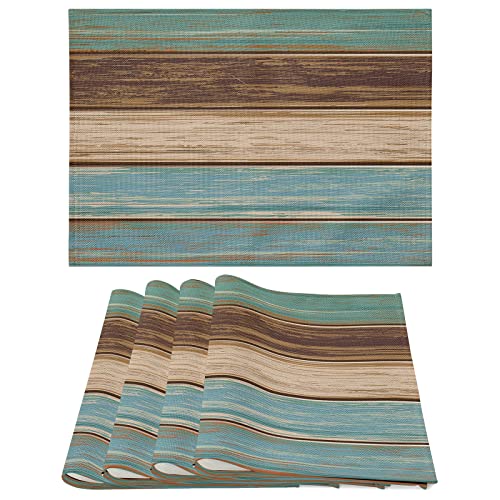 Placemats Set of 4 Teal Brown Retro Wood Stripes Non Slip Heat Resistant Thick Linen Fabric Cloth Place Mats Square Washable Holiday Party Dining Table Mat for Rustic Farmhouse Home Kitchen Decor