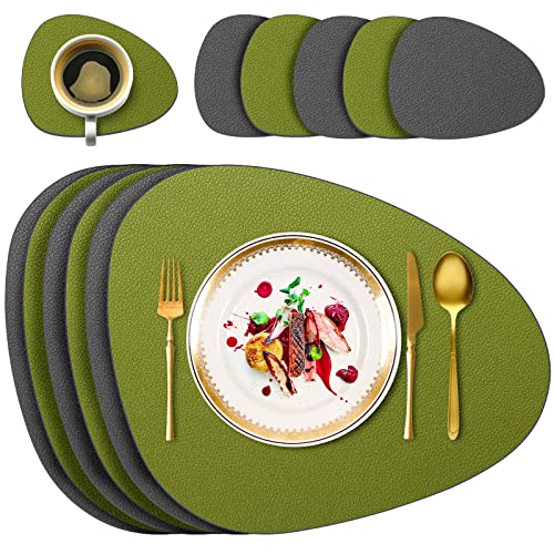 Placemats Set of 6 Heat Resistant NonSlip Easy to Clean Table Mats Washable Wipeable Leather Place Mats for Dining Table (GreenGray)