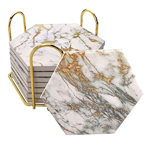 8 Pcs Drink Coasters with Metal Holder Stand Marble Design Ceramic Coaster Set Cork Base for Tabletop Protection Home Decor Bar Coasters (Golden)