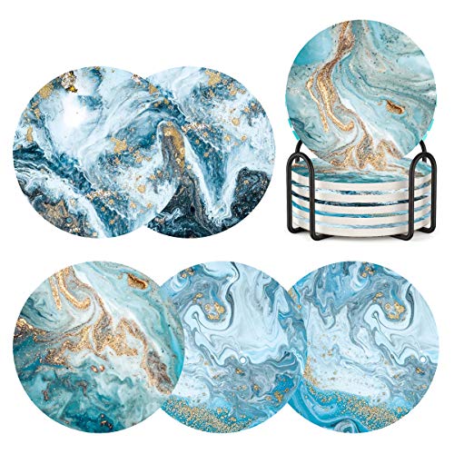 Coasters for Drinks with Holder Set of 6Marble Blue Ocean Style Absorbent Ceramic Coasters with Cork BaseNo Scratched and Soiled