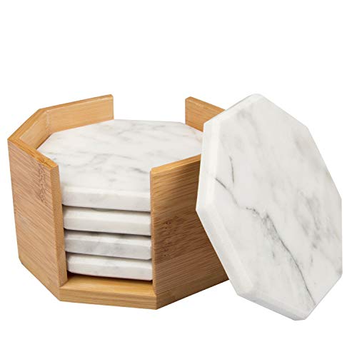 DEco White Carrara Marble Coasters w Bamboo Holder  Set of 5  Tabletop Protection for Any Table Type Fits Any Size Wine Glass Cup Mug  Great Holiday and Housewarming Gift  Good House Decor
