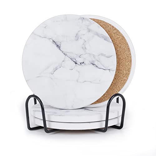 Marble Coasters Sets of 4 PiecesAbsorbent Ceramic Drink Coaster with Cork BaseWhite Coasters for Drinks with Metal Holder Stand for Coffee Wooden Table Home Decor