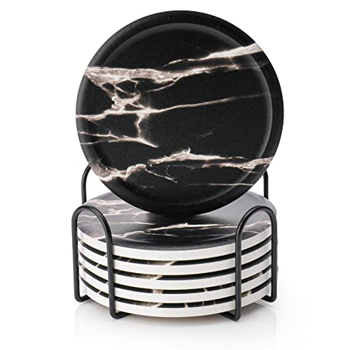 Sweese 249112 Ceramic Coasters for Drink with Holder Marble Coasters with Cork Back Prevent Furniture from Dirty Spills Water Ring and Scratched Set of 6 Black