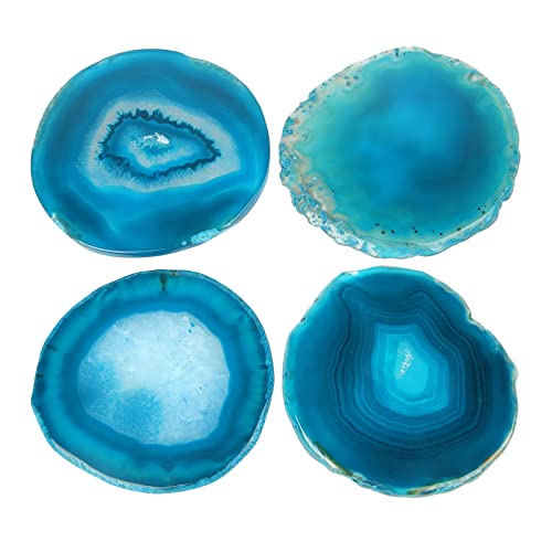 Blue Agate Coaster for Coffee Table Set of 4 Natural Geode Coasters for Drink 354 Stone Coaster Agate Decor for Housewarming Birthday Wedding Gift (Blue)