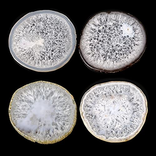 FOLKOR LIFE Natural Agate Coaster Set of 4 354 Crystalline Geode Stone Coasters for Drinks Coffee Table Decor Agate Slices Glass Cups Holder for Home Guest Room Housewarming Birthday Gift