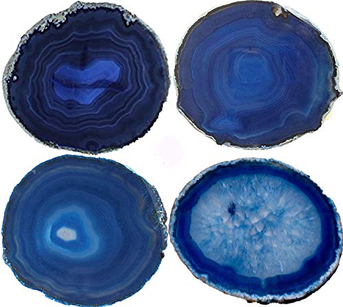 JIC Gem 335 Dyed Blue Color Small Size Agate Coastes Polished Natural Geode Stone Coasters Agate Slices Set of 4 with Protective Rubber Bumper Home Decorative