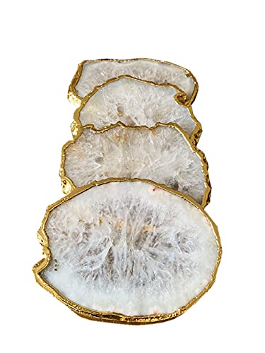 Natural Sliced White Agate Coasters for Drinks Set of 4 Stone Geode Crystal Coasters with Plated Edge Surface Protectors and no Added Dyes 354 Size (Gold)