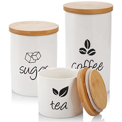 AVLA 3 Pack Ceramic Canister Set 302212 OZ Kitchen Airtight Food Storage Jar with Bamboo Lids Coffee Sugar Tea Storage Containers Pots Jars for Counter Farmhouse Kitchen Decor White