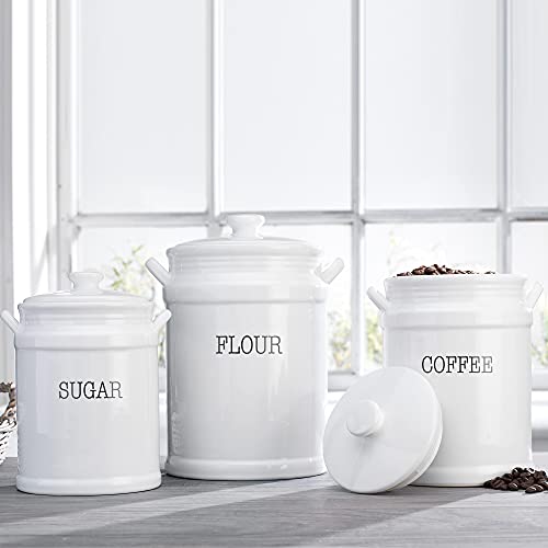 MosJos White Canisters Set of 3 Premium Canister Sets for Kitchen Counter  Canisters Sets for the Kitchen for Flour Sugar Coffee  Ceramic Canisters with Handles and Rubber Gasquet Lids