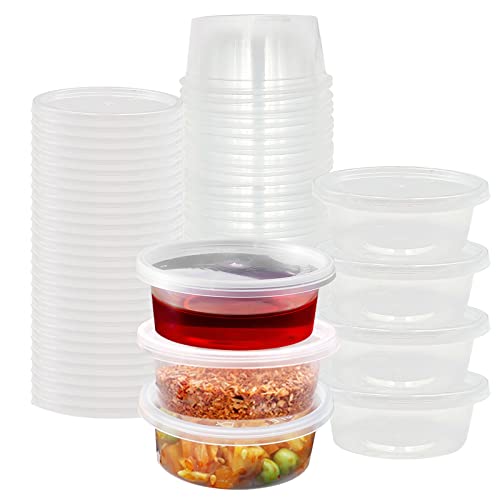 100 PCS Upgraded and Thickened Disposable Plastic Cups with Lids 2oz Jello Shot Cups Condiment Containers with LeakProof for Sauces Souffle Food Samples Pills