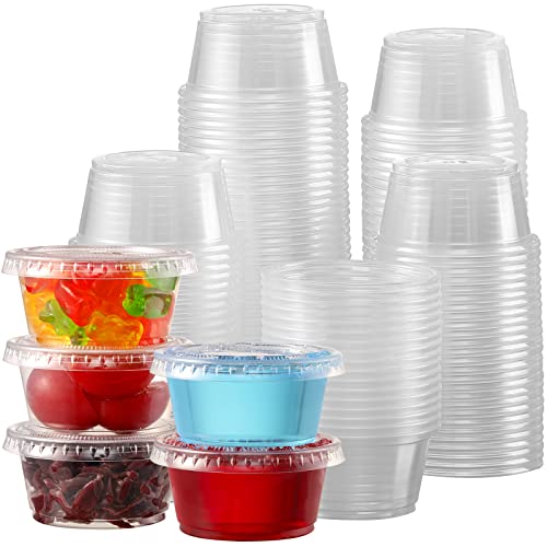 130 Sets  2 Oz  Jello Shot Cups Small Plastic Containers with Lids Airtight and Stackable Portion Cups Salad Dressing Container Dipping Sauce Cups Condiment Cups for Lunch Party to Go Trips