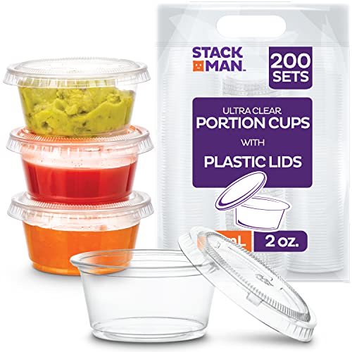 200 Sets  2 oz Small Plastic Containers with Lids Jello Shot Cups Condiment Cups 2oz Dipping Sauce  Salad Dressing Container Disposable Mini Plastic Portion Souffle Cups Ramekins Pudding Cup