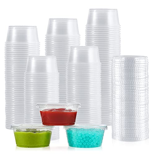200 Sets  325 oz Plastic Portion Cups with Lids 325 oz Plastic Sauce Cups，Jello Shot Cups Disposable Condiment Containers for Food Sample
