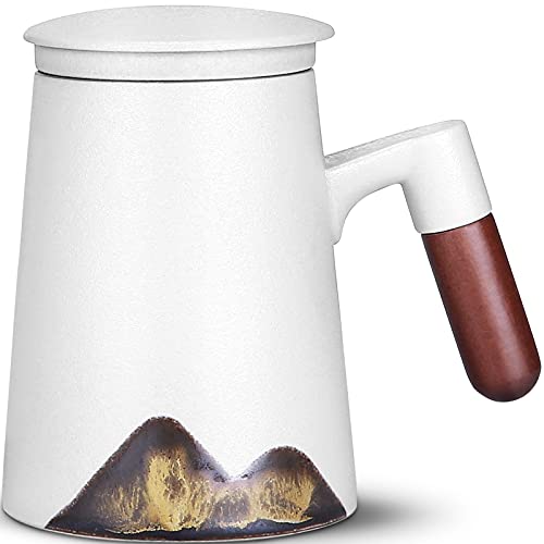 ENJOHOS Wooden handle Tea Mug Japanese Style Large Ceramic Tea Cup with Infuser and Lid Fine Porcelain Infuser Mug for Work Life Gift (14 oz Matte White)
