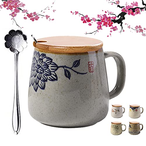 EXQUISITE Japanese style Ceramic Tea Cup  Glazed Porcelain Coffee Mug with a Bamboo lid and a Spoon used for Tea Coffee  Milk  350ml (12oz)  Gift for tea lovers I 1 cup D
