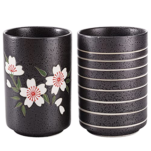 Hedume Set of 2 Japanese Tea Cups 10oz Ceramic Teacup Mug Japanese Cherry Blossoms and Line Design Ceramic Tea Cups Set for Green Tea Matcha Tea Bancha