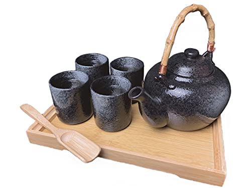 Japanese Asian Tea Set Ceramic Teapot with Strainer Rattan Handle 4 Tea Cups Tea Scoop Wooden Serving Tray and Instructions  Modern Teapot Set for Home and Office  Gift