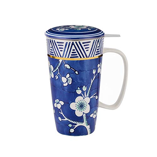 Taimei Teatime Ceramic Tea Cup with Infuser and Lid 17oz Large Infuser Mug for Loose Leaf Tea with Handle Tea Infuser Mug in Japanese Style with Handpainted Plum Blossom Pattern Blue