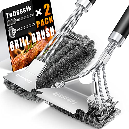 Wire Grill Brush for Outdoor Grill 2 Grill Cleaner Brushes with Scraper Stainless Steel BBQ Brush for Grill Cleaning  BristleFree Safe Grill Brush BBQ Grill Accessories Gift for Men