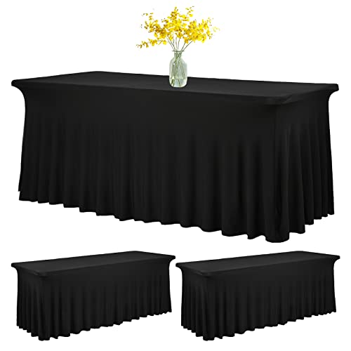 2 Pack 8Ft Spandex Table Skirt Fitted Black Stretch TableclothOnePiece WrinkleResistant Ruffles Design Installs in SecondsPerfect for Rectangle Tables Banquets Parties Wedding Thanksgiving