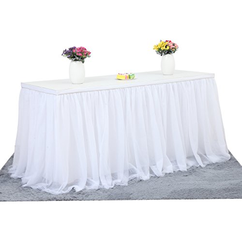 6ft White Tulle Table Skirt for Rectangle or Round Tables Tutu Table Skirt White Ruffle Table Cloth for Wedding Bridal Shower Baptism Birthday Party Christening Banquet Table Decorations(L6(ft)H 30in)