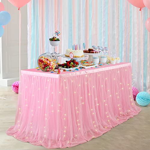 Pink Tutu Table Skirt with Lights Wrinkle Free 6ft LED Tulle Pink Table Skirts for Baby Shower Birthday Party Cake Table Decorations