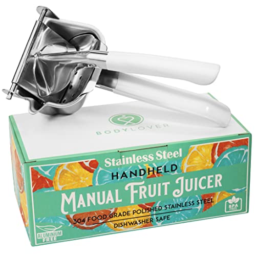 NEW Stainless Steel Handheld Manual Juicer with Comfortable Handle Grips and (2) Large Reusable Natural Pulp Strainer Bags  Stainless Steel Fruit Juice Squeezer  Hand Juicer  Juice Press