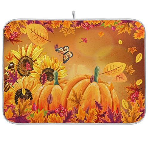 Autumn Fall Dish Drying Mat 16x18 inch Pumpkin Fall Leaves Butterfly Drying Pad Dish Drainer Mat Protector for Kitchen Countertops Counter