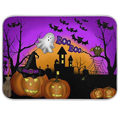 Happy Halloween Pumpkin Ghost Dish Drying Mat 18x24 for Kitchen Counter Witch Skull Purple Reversible Dishes Pad Dish Drainer Rack Mats Absorbent Fast Dry Dish Draining Mat Kitchen Accessories