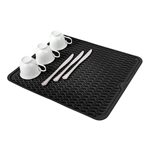 Silicone Dish Drying Mat  Drain Hole NonSlip Heat Resistant Foldable Great for Dishes Kitchen Sink Counter Top Fridge Drawer Liner or Trivet for Hot Pots (16 X 20  Black)