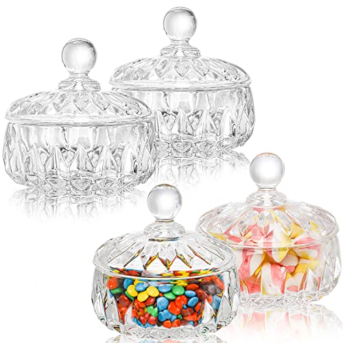 Foraineam 4 Pack Glass Candy Dish with Lid Clear Decorative Candy Bowl Crystal Covered Candy Jar Cookie Storage Container for Food Storage and Organization Kitchen Office Home Decoration
