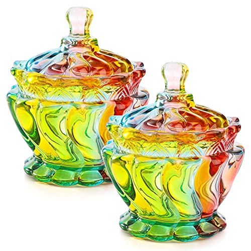 YOUEON Set of 2 Colorful Glass Candy Dish with Lids 7 Oz Covered Candy Bowl Rainbow Candy Dish Jewelry Dish Small Decorative Jars for Candy Buffet Kitchen Home Office Desk