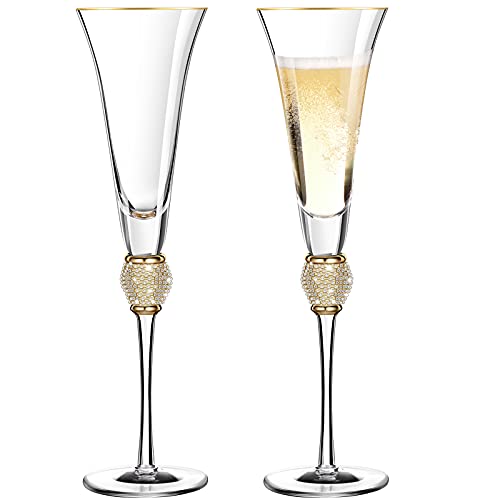 2 Pieces Rhinestone Champagne Flutes Wedding Toasting Glasses 7 Oz Rim Diamond Wine Glasses Long Stem Glassware for Wedding Parties Anniversary Supplies (Gold)