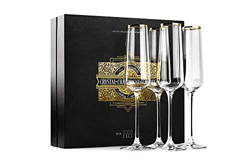 Gold Rimmed Champagne Toasting Glasses  Set of 4  Crystal Square Gift Flutes for Sparkling Wine Prosecco Mimosas  Contemporary Long Stemmed Glassware for Wedding Anniversary Birthday Toast