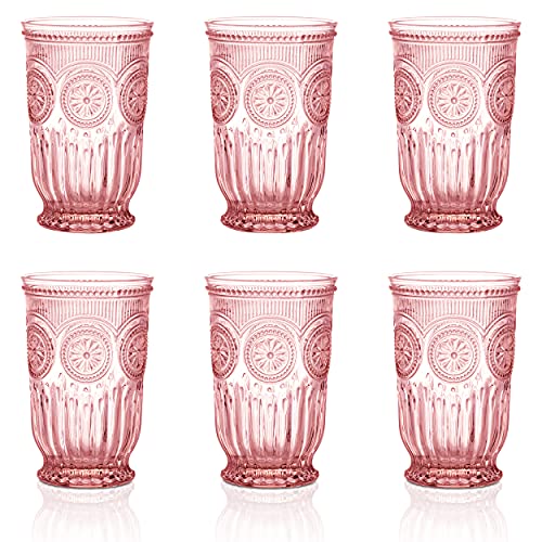 Pink Glassware set of 6 vintage drinking glasses Dishwasher safe colored glassware with matching pink wine glasses or short pink glass cups for everyday use or as pretty glassware Wedding glasses