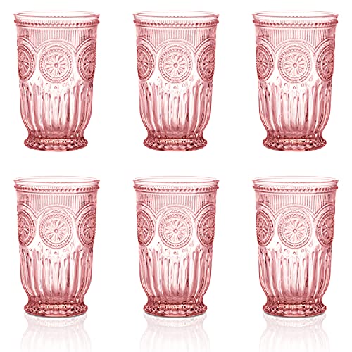 Pink Glassware set of 6 vintage drinking glasses Dishwasher safe colored glassware with matching pink wine glasses or short pink glass cups for everyday use or as pretty glassware Wedding glasses