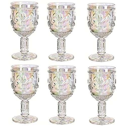 Vintage Wine Glasses Set of 6 10 Ounce Colored Glass Water Goblets Unique Embossed Pattern High Clear Stemmed Glassware Wedding Party Bar Drinking Cups Iridescent 6 Pack