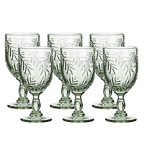 WHOLE HOUSEWARES  Colored Glass Goblet  Drinking Glasses Set of 6  85 oz Embossed Design  Drinking Glass with Stem  Wedding Glass Set of 6 (Green)